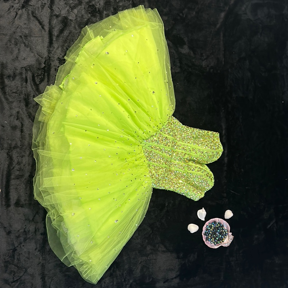 Lime Green Strapless Formal Prom Tulle Dress Iridescent Beaded Lace Up Corset
